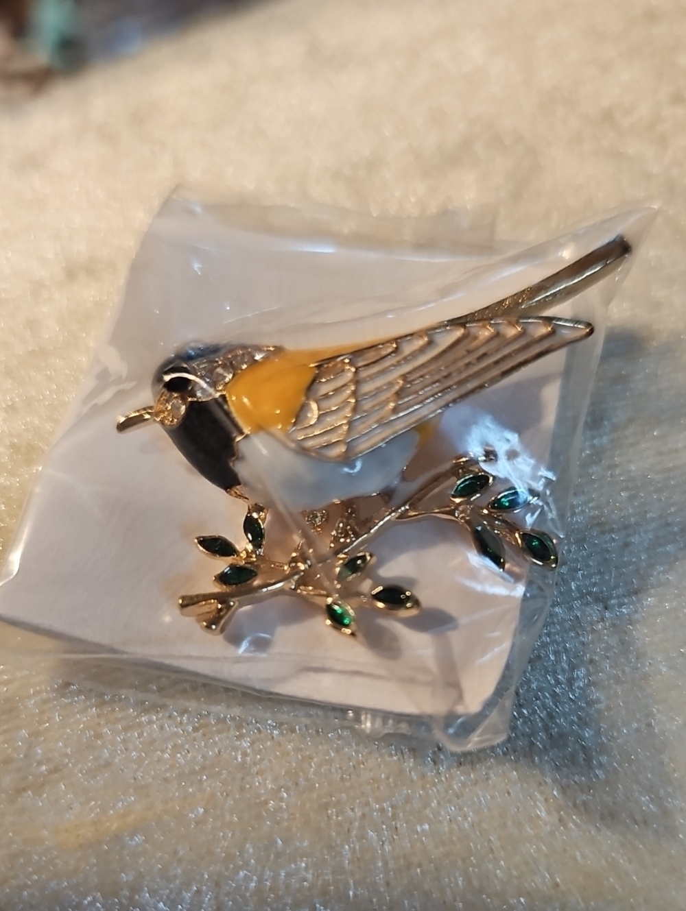 Gold-tone Bird Brooch with Yellow and Black Enamel